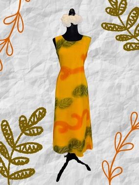 Vintage Magic Yellow Abstract Leaf Print Sleeveless Midi Dress Women’s Medium M